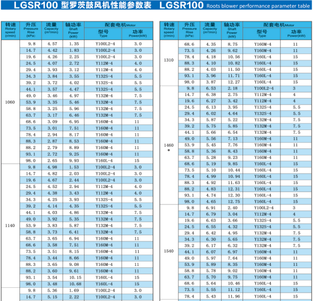 Roots blower specifications LGSR100